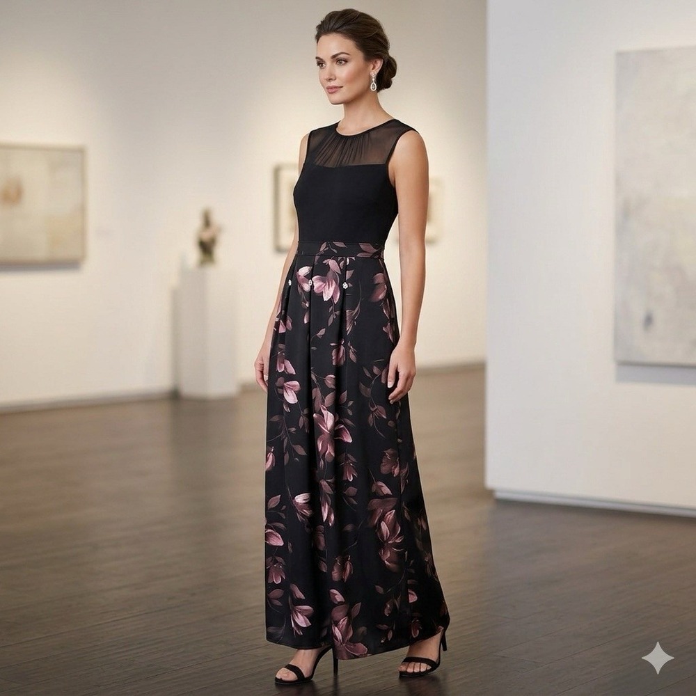 Enfocus Studio Black Maxi Dress with Pink Floral Skirt